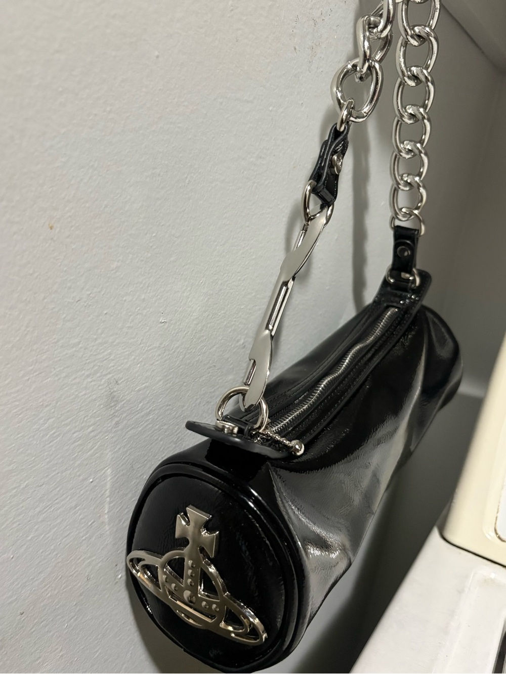 Vivienne Westwood Black Patent Barrel Shoulder Bag with Silver Chain